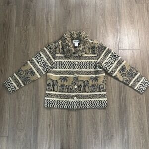 Vintage Gotcha Covered Women M Beige Jacket Elephant Tapestry Faux-Fur‎ Collar